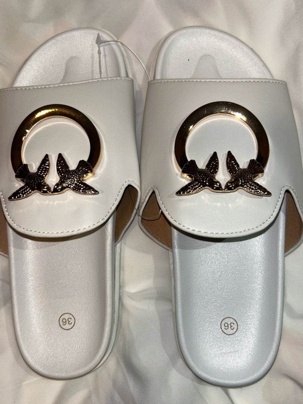 White Women’s Slide Sandals with Gold Ring & Bird Accent